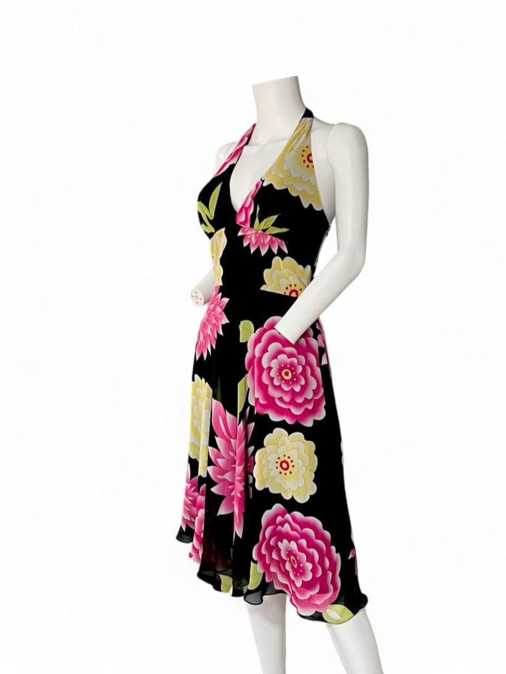 Floral Halter Backless Midi Dress Caché - Black with Pink & Yellow Blooms - Picture 3 of 7